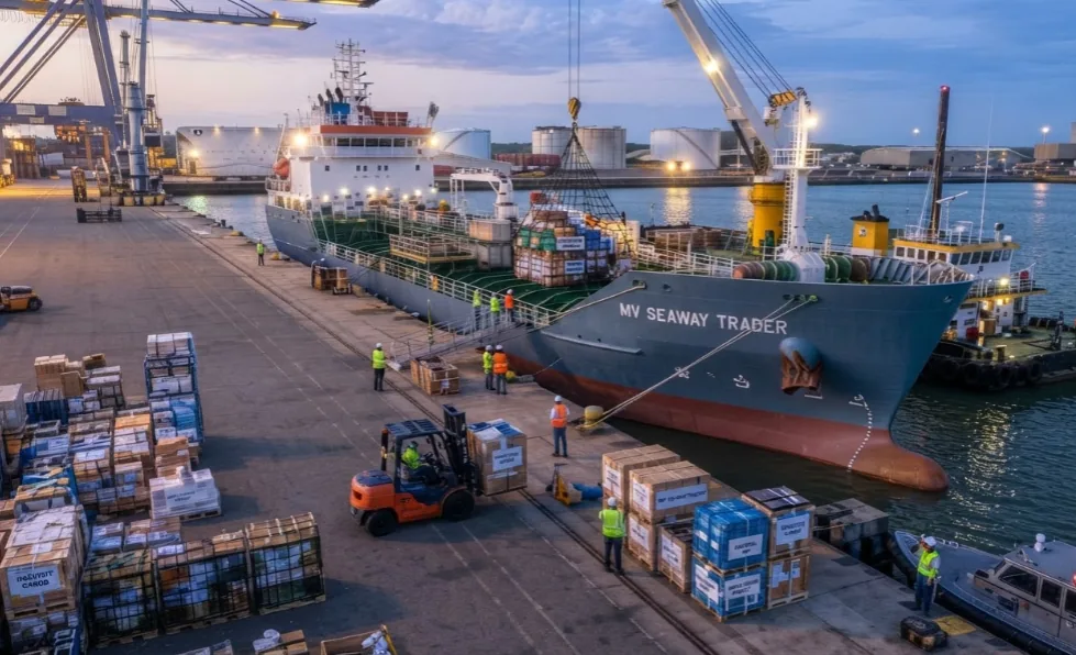Ship stores staged on the quay alongside a vessel at dusk